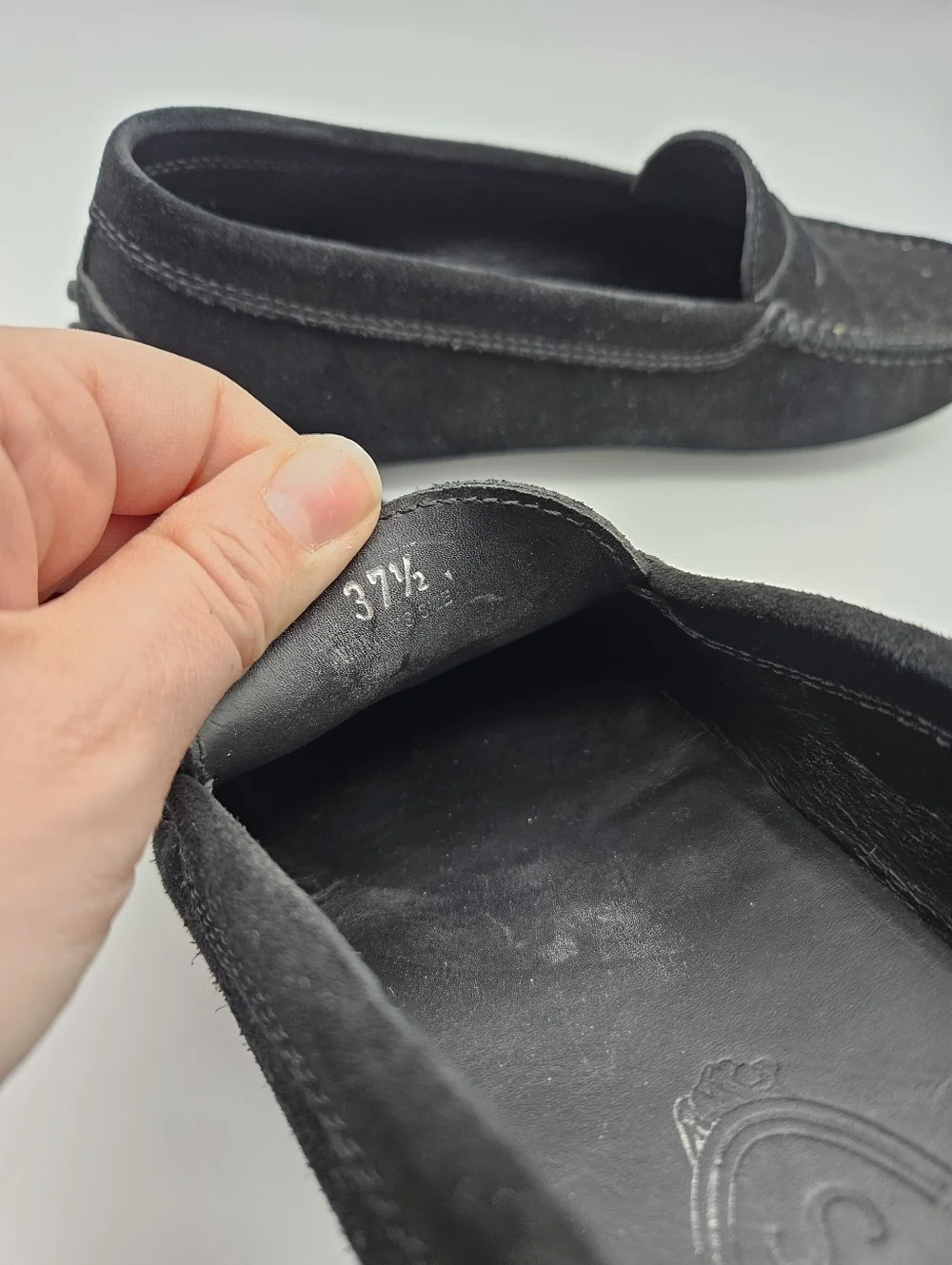Tod's black suede Gommino driving shoes penny loafer size 37.5